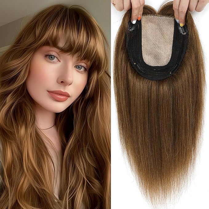 Hair Toppers for Women Real Human Hair, 360° 3D Toppers Pieces for Women with Thinning Crown Wispy Bangs 14 Inch Upgrade Big Basement (Light Brown, 14 Inch Wispy Bangs)