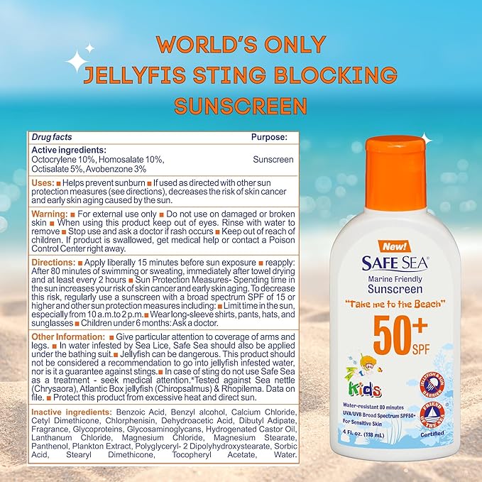 Safe Sea SPF50+ Kids sunscreen- Jellyfish and Sea lice protective lotion. Very Water Resistant, Sensitive skin and Reef-Safe Sunscreen. Oxybenzone and Octinoxate free,Paraben free, 4fl. Oz. Pack of 12