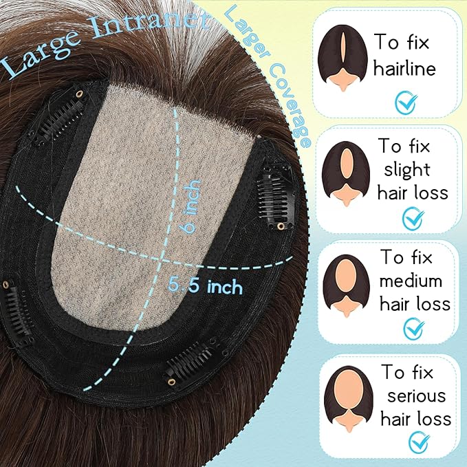 Hair Toppers for Women Real Human Hair, 360° 3D Toppers Pieces for Women with Thinning Crown Wispy Bangs 12 Inch Upgrade Big Basement (Mocha Brown, 12 Inch Wispy Bangs)