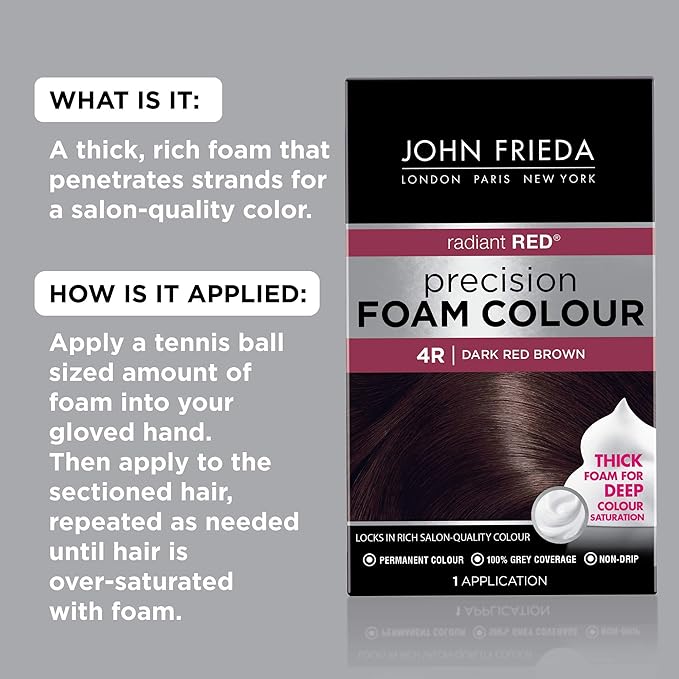 John Frieda Precision Foam Colour, Dark Red Brown 4R, Full-Coverage Hair Color Kit, Anti-Fade Gray Coverage, Deep Color Saturation Hair Dye, 1 Application