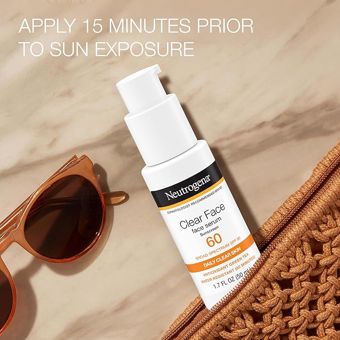 Neutrogena Clear Face Serum Sunscreen with Green Tea, Broad Spectrum SPF 60, Non-Comedogenic Face Sunscreen for Lightweight UVA/UVB Protection, Oxybenzone- & Fragrance-Free, 1.7 fl. oz
