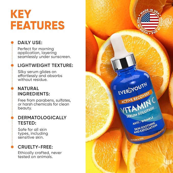 Vitamin C Serum for Face with Hyaluronic Acid, Niacinamide, Vitamin E, Collagen Peptides - Skin Brightening Solution for Wrinkles, Dark Spots, Fine Lines - Anti Aging Stem Cell Serum for Face - 1 oz
