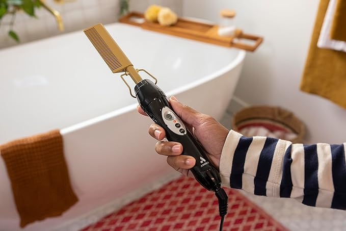 Andis 38335 Professional Heat Ceramic Press Comb for Hair, Straightener - 450F High Heat with Dual Voltage - 20 Adjustable Heat-Settings, 30 Min Auto Shut-Off, Gold, Ceramic Gold