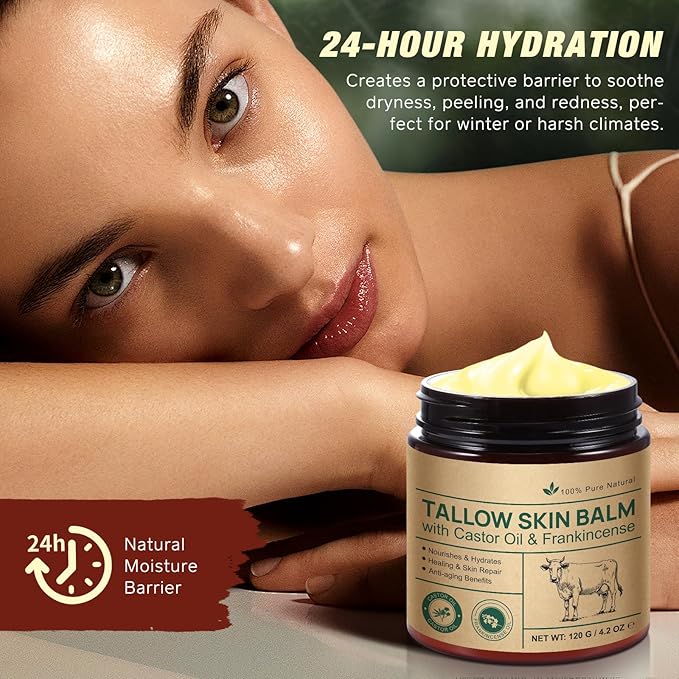 Tallow Castor Oil Frankincense Oil Handmade Skin Balm, Face & Body Moisturizer for Sensitive Skin, Eczema All-Purpose Balm, 100% Grass-Fed Tallow for Skin Care