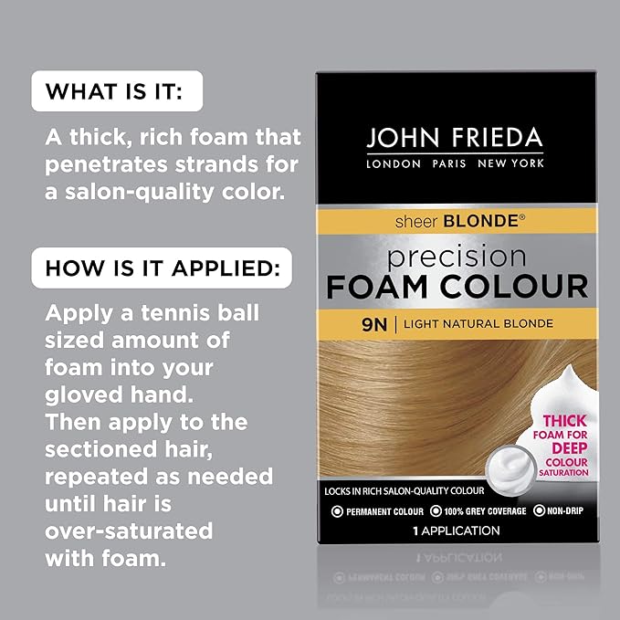 John Frieda Precision Foam Colour, Light Natural Blonde 9N, Full-Coverage Hair Color Kit, Anti-Fade Gray Coverage, Deep Color Saturation Hair Dye, 1 Application