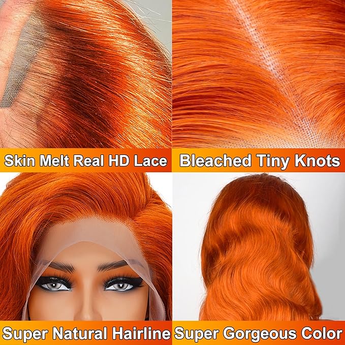 13x6 Ginger Orange Lace Front Wigs Human Hair Pre Plucked 200% Density Body Wave 13x6 HD Transparent Lace Frontal Wig Glueless 88J Colored Bralizian Virgin Human Hair Wigs for Black Women 24 inch