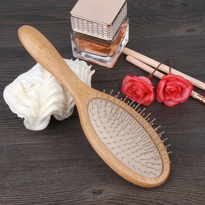 Hair Brush, Wooden Hairbrush with Metal Bristles, Stimulates Scalp for Hair Growth, Gift for Mother's & Father's & Friends, All Hair Types