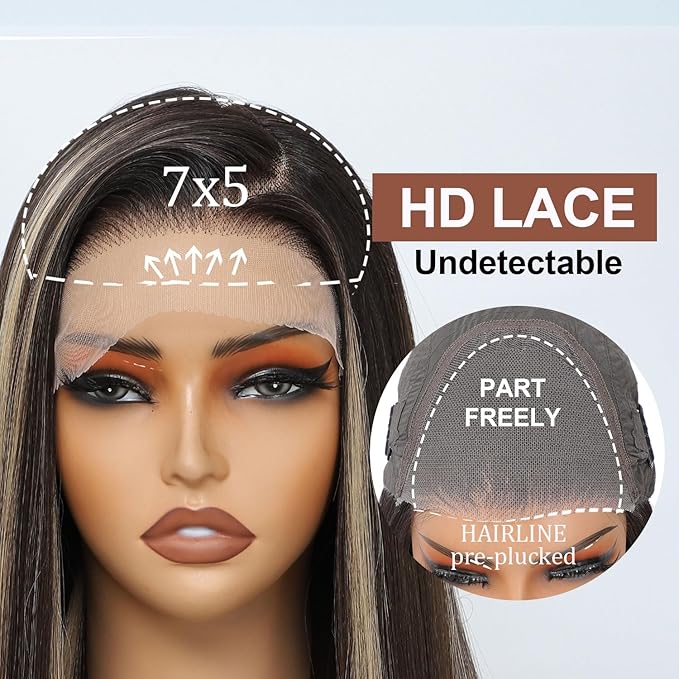 7×5 Brown Mix Blonde Wear and Go Glueless Wigs Pre Plucked Pre Cut for Beginners Synthetic Lace Front Wigs For Woman 26 Inch Ginger Highlights 3 Seconds to Wear