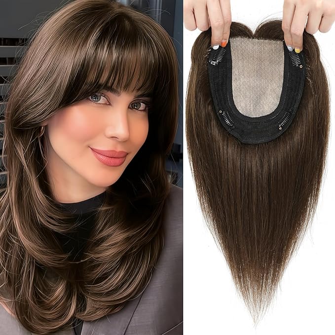 Hair Toppers for Women Real Human Hair, 360° 3D Toppers Pieces for Women with Thinning Crown Wispy Bangs 12 Inch Upgrade Big Basement (Mocha Brown, 12 Inch Wispy Bangs)