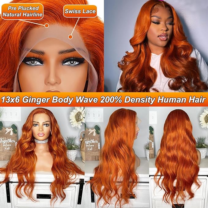13x6 Ginger Orange Lace Front Wigs Human Hair Pre Plucked 200% Density Body Wave 13x6 HD Transparent Lace Frontal Wig Glueless 88J Colored Bralizian Virgin Human Hair Wigs for Black Women 24 inch