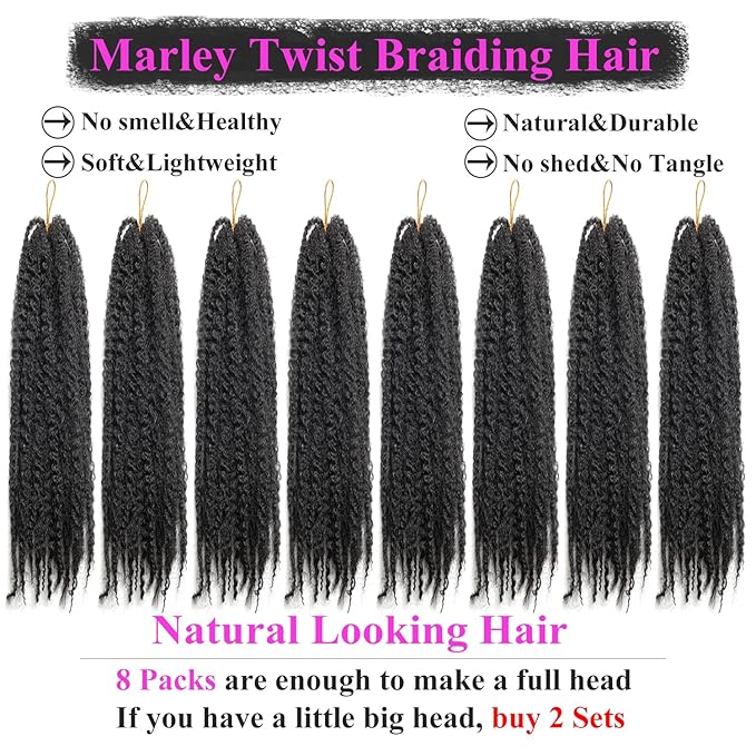 Marley Twist Braiding Hair 24 Inch 8 Packs โ Long-Lasting Marley Hair, Fluffy&Tangle-Free Cuban Twist Hair for Braiding, Natural Look Synthetic Spring Afro Kinky Twist Hair Extensions (1B)