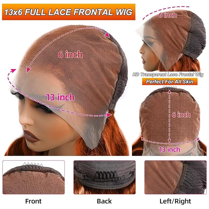 13x6 Ginger Orange Lace Front Wigs Human Hair Pre Plucked 200% Density Body Wave 13x6 HD Transparent Lace Frontal Wig Glueless 88J Colored Bralizian Virgin Human Hair Wigs for Black Women 24 inch