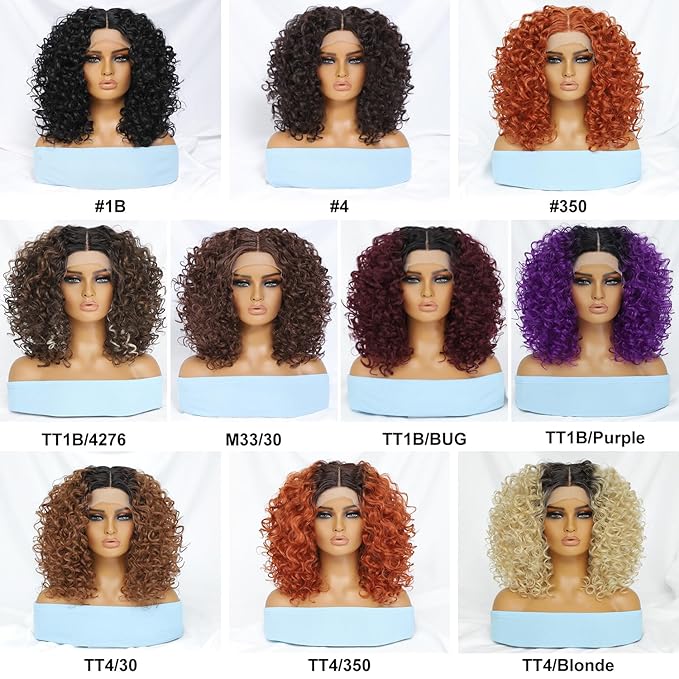 Felek 16inch Curly Lace Front Wigs Middle Part Jerry Curl Wig Blonde Color with Dark Roots T Lace Front Synthetic Pre-Plucked Deep Curly Wigs For Black Women(T4/Blonde)