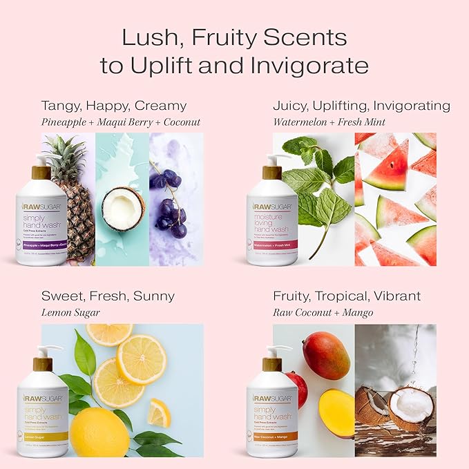 RAW SUGAR Hand Wash Variety Bundle - Lemon Sugar, Watermelon + Fresh Mint, Pineapple + Maqui Berry + Coconut & Raw Coconut + Mango, Formulated without Sulfates & Parabens (16.9 fl. oz, Pack of 4)