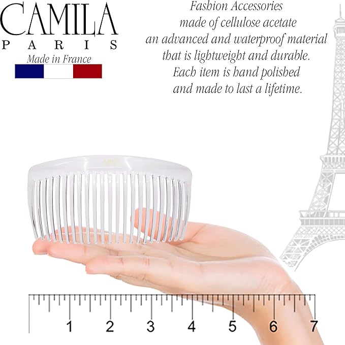 Camila Paris CP2911 French Side Combs Large Curved, Clear French Twist Hair Combs Decorative, Strong Hold Hair Clips for Women Bun Chignon Up-Do, No Slip Styling Girls Hair Accessories, Made in France