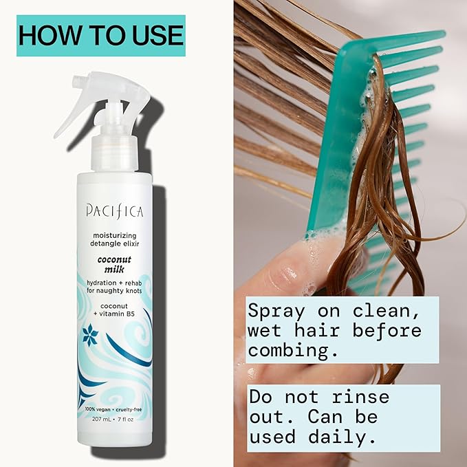 Pacifica Coconut Milk Hair Detangler Spray – Leave-In Conditioning Elixir for Tangle-Free Hair – Instantly Detangles Knots, Adds Shine & Moisture, Prevents Breakage & Frizz – Vegan & Cruelty-Free