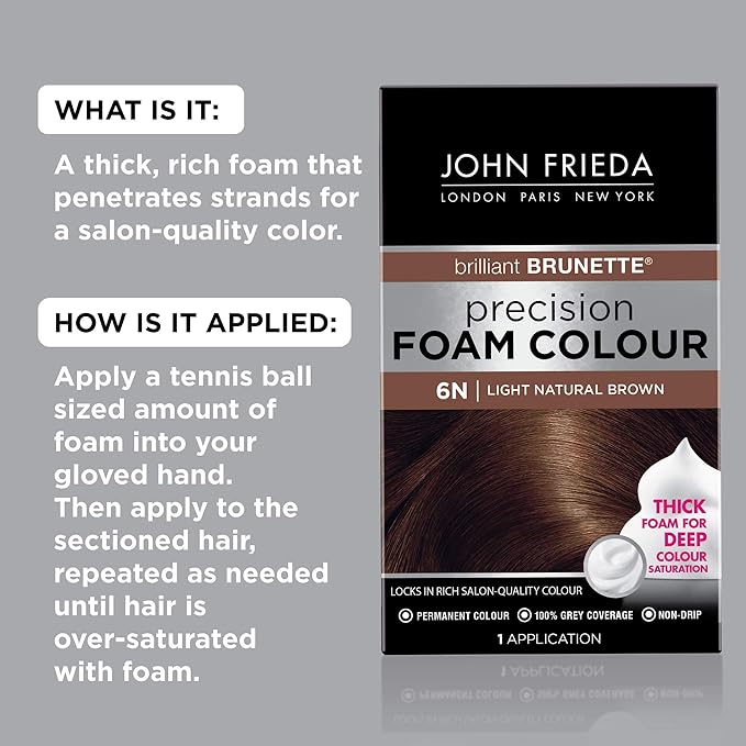 John Frieda Precision Foam Colour, Light Natural Brown 6N, Full-Coverage Hair Color Kit, Anti-Fade Gray Coverage, Deep Color Saturation Hair Dye, 1 Application