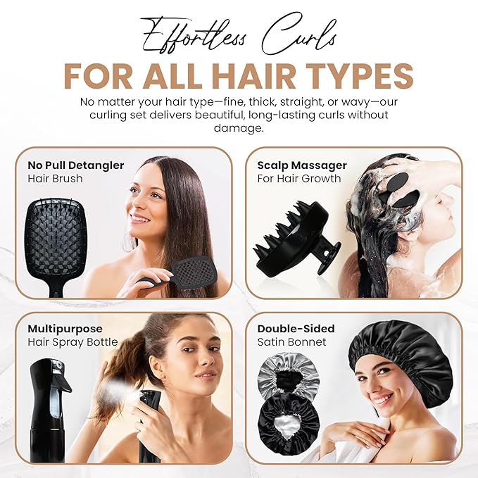 Curly Hair Essentials Set - Mist Spray Bottle For Styling, Detangler Brush, Scalp Massager For Hair Growth, Silicone Scrubber, Turban Towel For Women, Microfiber Wrap, Satin Sleeping Bonnet