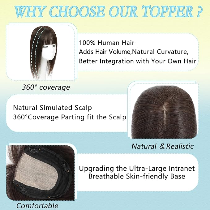 Hair Toppers for Women Real Human Hair, 360° 3D Toppers Pieces for Women with Thinning Crown Wispy Bangs 14 Inch Upgrade Big Basement (Medium Brown, 14 Inch Wispy Bangs)
