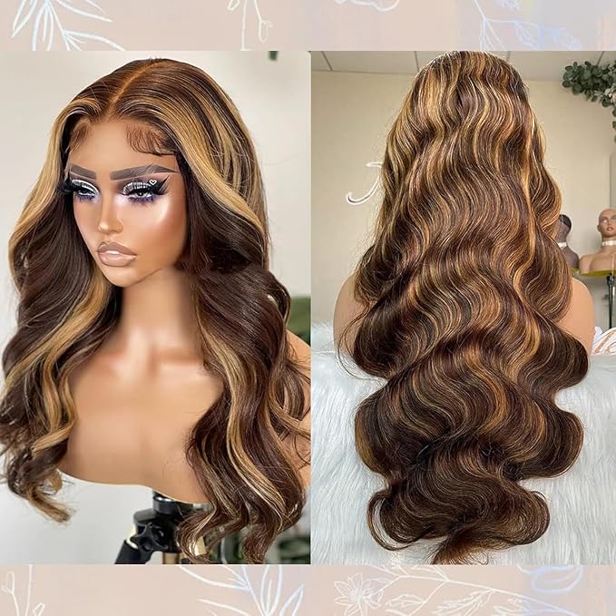 Honey Blonde Lace Front Wig Human Hair 5x5 HD Lace Closure Wigs Human Hair Pre Plucked with Baby Hair 180% Highlight Glueless Lace Front Wigs Human Hair Body Wave Closure Wig(20 Inch)