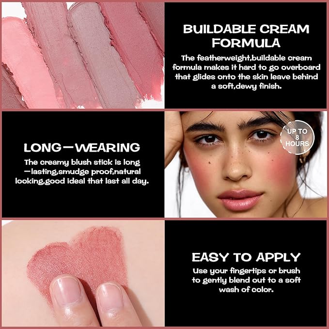 FOCALLURE Cream Blush Makeup,Buildable Blush Stick for Cheeks,Matte Stick,DARK ROSE