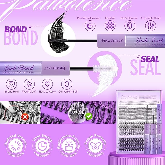 Pawotence Lash Extension Kit Lash Clusters Multi-types Individual Lashes Natural Bottom, Light Volume, 20D 30D Clusters Eyelash Extension Kit with Lash Bond and Seal, Lash Applicator for Self Use