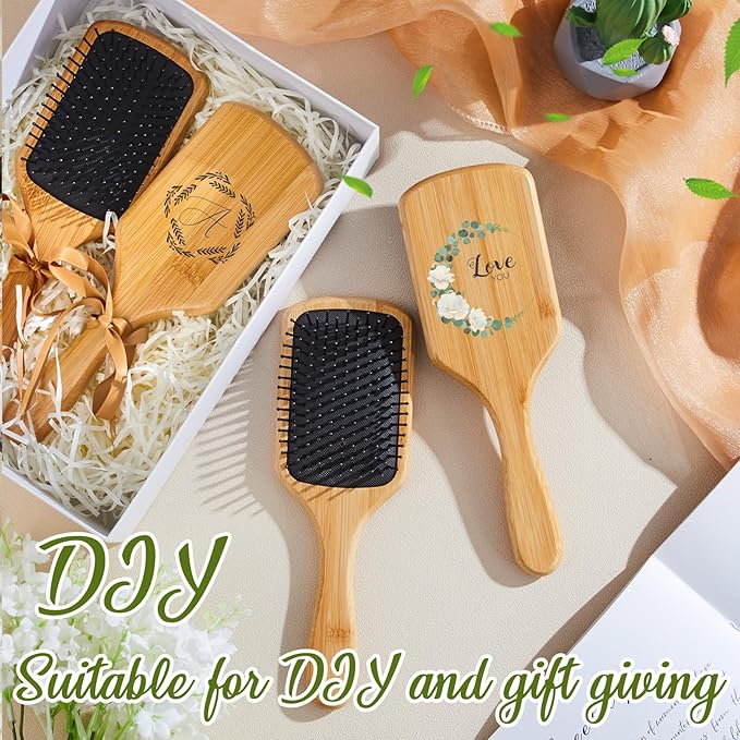 Tessco for you 12 Pcs Bamboo Hair Brushes for Women Bulk Wooden Paddle Brush Scalp Massage Bamboo Bristles Anti Static Men Engraving DIY Gift for Father's Day Wedding(Black Bristles,9.65'' X 3.35'')