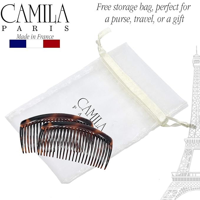 Camila Paris French Side Combs Large 4 Piece Curved Tortoise Shell French Twist Hair Combs Decorative, Strong Hold Hair Clips for Women Bun Chignon Up-Do, Styling Girls Hair Accessories Made in France