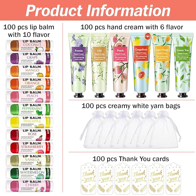AZEN 100 Sets Hand Cream and Lip Balm Set with Organza Bag Thank You Card, Baby Shower Wedding Gifts for Guests, Bridal Souvenirs for Colleagues Employee Coworkers, Party Favor for Female Friends
