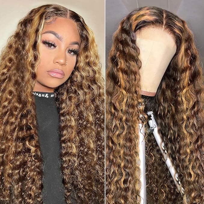 5x5 Highlight Water Wave Closure Wigs Human Hair 180% Density Curly Human Hair Wig Pre Plucked 20inch P4/27 Ombre 5x5 HD Lace Closure Wigs for Women(427curly 20inch)