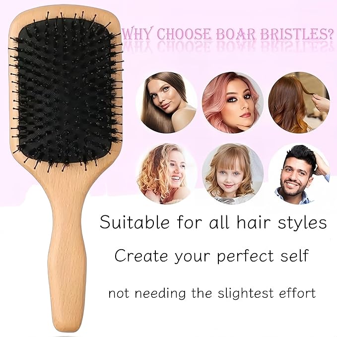 Boar Bristle Hair Brush and Comb Set for Women Men Kids, Best Natural Wooden Paddle Hairbrush and Small Travel Styling Brush for Wet or Dry Hair Detangling Smoothing Massaging(black)