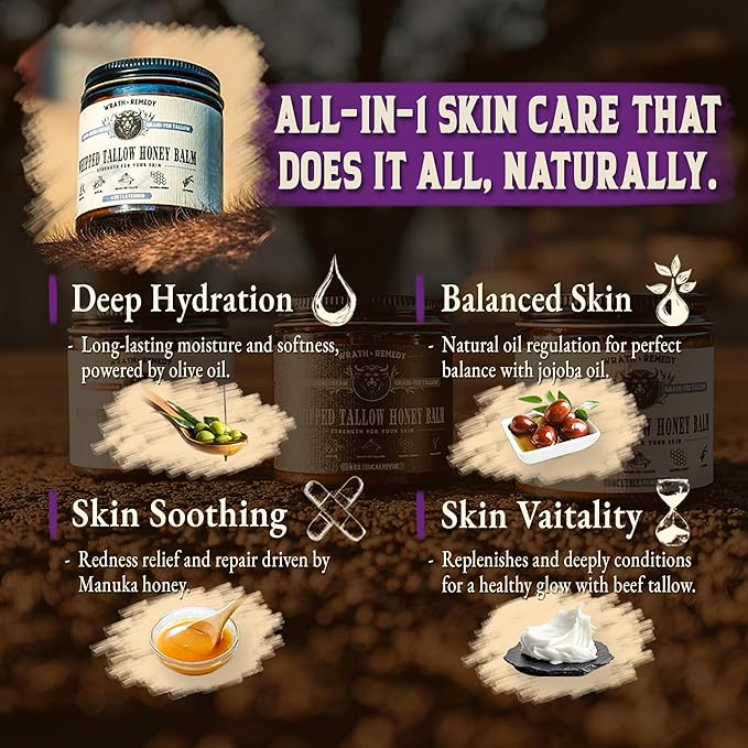 Wrath & Remedy Handmade Whipped Organic Beef Tallow for Skin - 4 OZ (Lavender) — Grass Fed Beef Tallow Moisturizer and Honey Balm for Silky, Sensitive-Skin, Eczema, Rosacea - Free of Harsh Chemicals