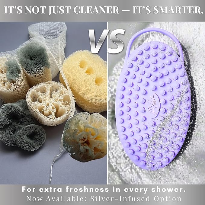 Avilana Silicone Body Scrubber – Dual-Sided Exfoliator for Men & Women, Gentle Loofah Alternative, Easy-to-Clean Silicone Shower Scrubber (S2-Blue)
