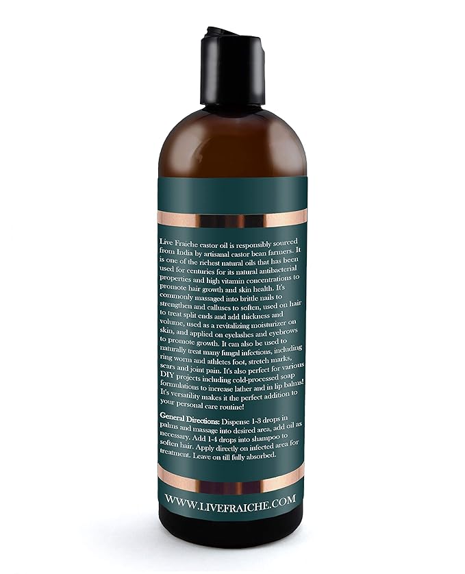 Live Fraiche Organic Castor Oil (16oz) + Filled Mascara Tube - 100% Pure Hexane Free Cold Pressed Castor Oil for Skin and Face - Hair Growth Oil for Eyelashes and Eyebrows Scalp & Hair Treatment Oil