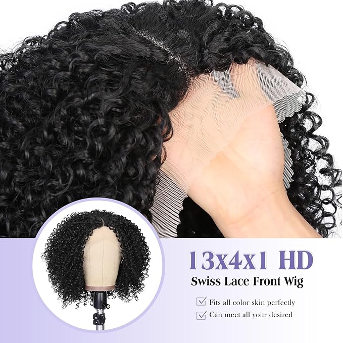 quickwig Quick Wig Curly Lace Front Wigs Short Kinky Curly Wig 13×4×1 HD Glueless Lace Curly Wig Black Synthetic Lace Wigs for Women Deep Wave Wig (1B) (Black)