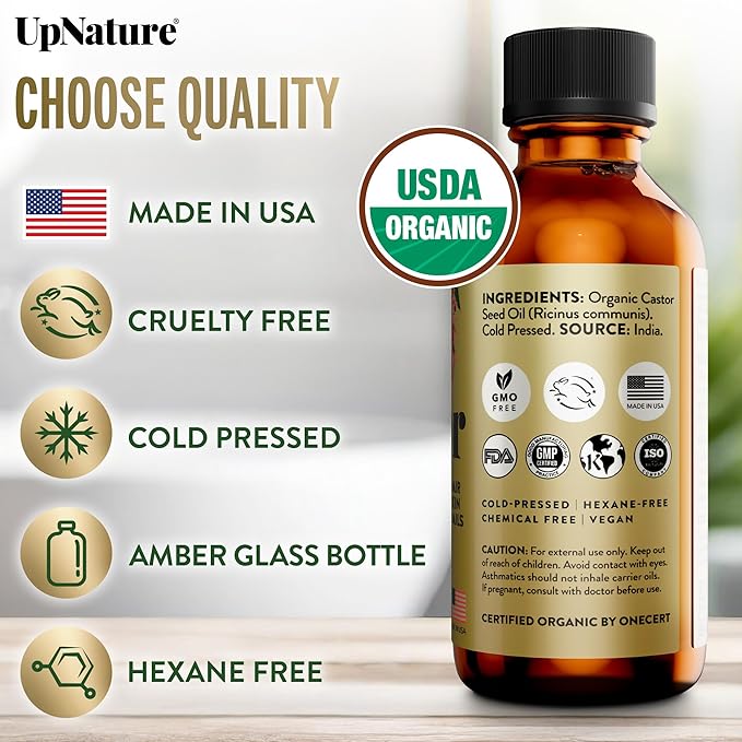 UpNature Organic Castor Oil (2 oz) 100% Pure Cold Pressed Unrefined Castor Oil for Hair Growth Support – Eyebrow Eyelash Growth Serum (Hexane Free) Natural Moisturizer in Glass Bottle