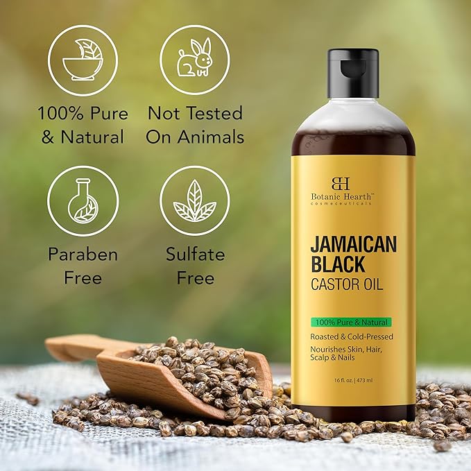 Botanic Hearth Jamaican Black Castor Oil (16 fl oz) | Roasted & Cold-Pressed | Promotes Hair Growth & Natural Skin Care | Ideal for Massage, Scalp, Hair & Nails