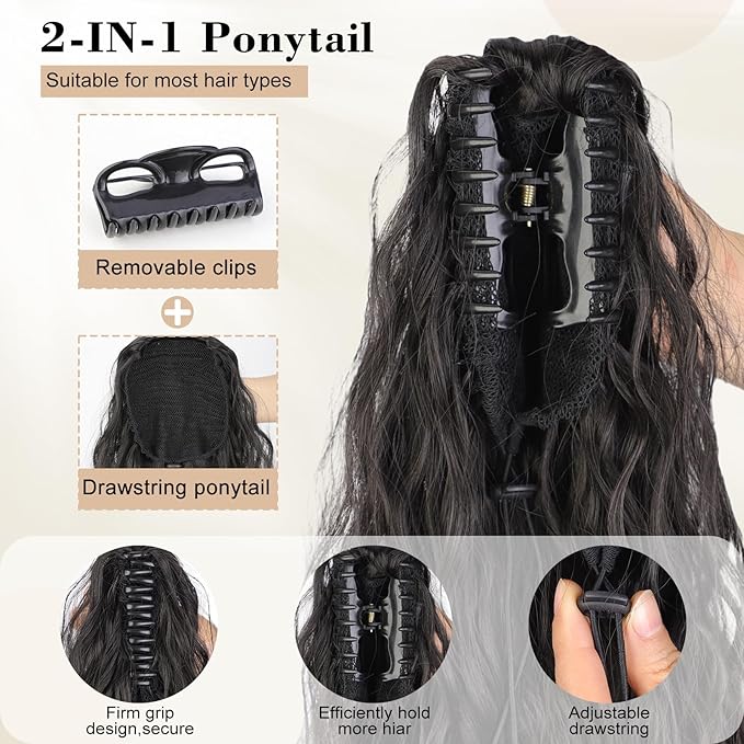 AISI BEAUTY 30 Inch Black Ponytail Extension,Long Curly Claw Ponytail Hair Extension for Women Fluffy Natural Looking Synthetic Clip in Ponytail Hairpiece for Daily Use