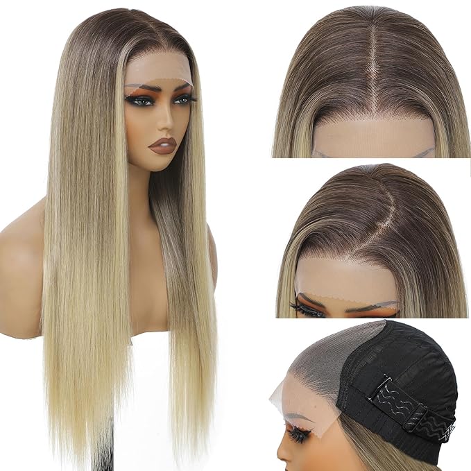 7×5 Ombre Blonde Wear and Go Glueless Wigs Pre Plucked Pre Cut for Beginners Synthetic Lace Front Wigs For Woman 26 Inch Ginger Highlights 3 Seconds to Wear