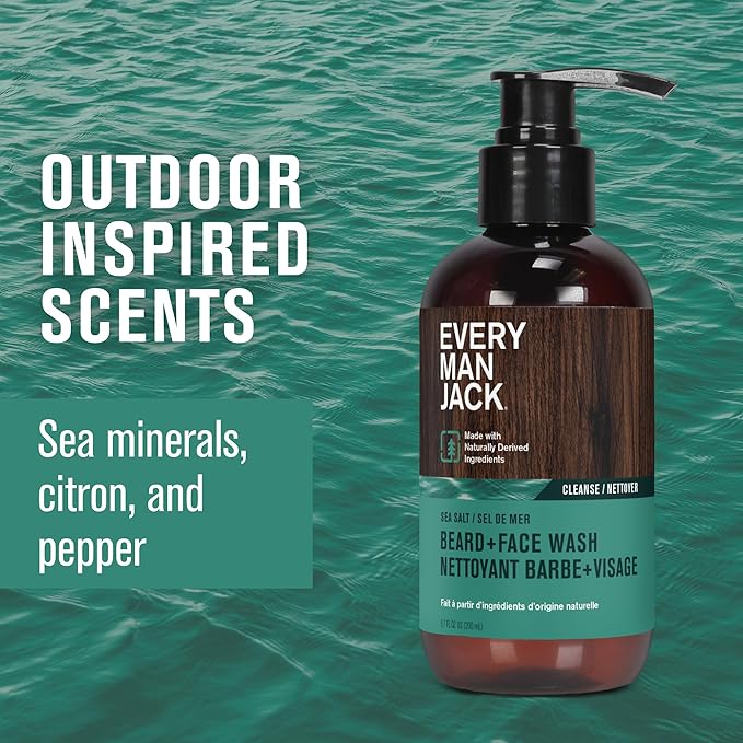 Every Man Jack Beard + Face Wash - Subtle Sea Salt Fragrance - Deep Cleans, Conditions, and Softens Your Beard and Skin Underneath - Naturally Derived with Coconut Oil, Glycerin, and Coconut - 6.7-fl oz (2 Pack)