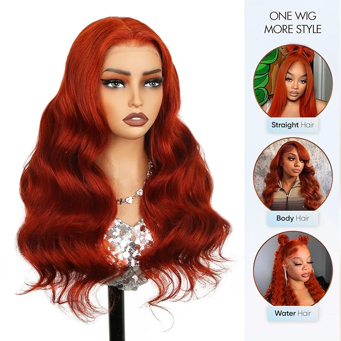 Ginger Wig Human Hair,13x6 HD Ginger Body Wave Lace Frontal Wigs Human Hair Pre Plucked With Baby Hair,210% Density Colored Orange Wig for Women 22 Inch