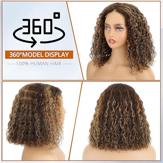 Wear And Go Glueless Wigs Human Hair Pre Plucked Pre Cut 4/27 Highlight Curly Bob Lace Closure Wigs 5x5 HD Lace Closure Wigs Human Hair For Black Women 180% Density Water Wave Lace Front Wig 12 Inch