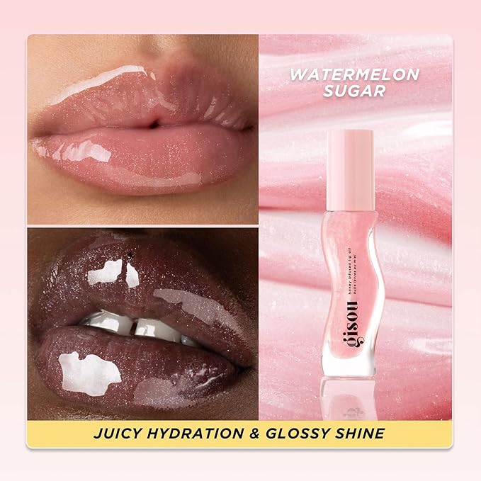Gisou Honey Infused Hydrating Lip Oil, Nourishing Lip Moisturizer for Dry Lips, High Shine, Smooth Finish, Clear Pink Shimmer Shade, Fresh Watermelon Scent, Watermelon Sugar, 8ml