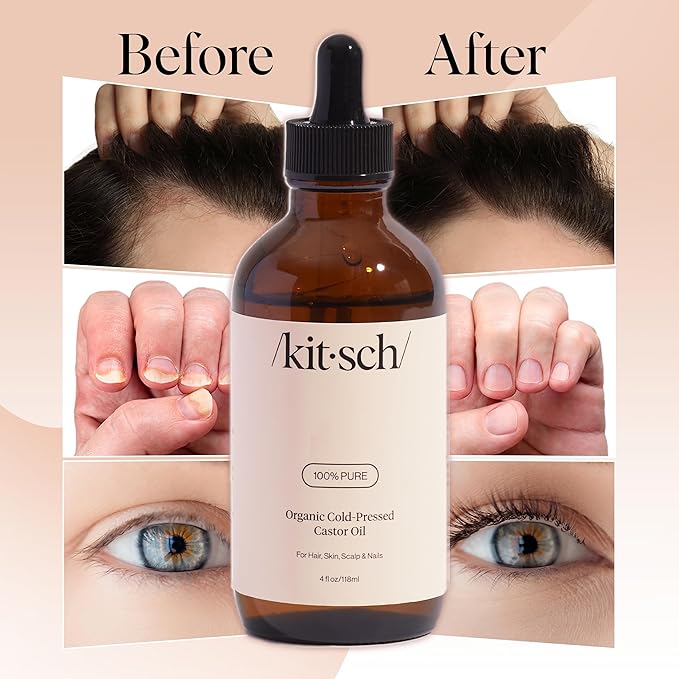Kitsch Organic Castor Oil For Hair Growth, Castor Oil Organic Cold Pressed Unrefined Glass Bottle, 100% Pure, For Face, Skin, Lashes, Brows, Scalp, Nails & Belly Button, Hexane Free, USDA - 4oz