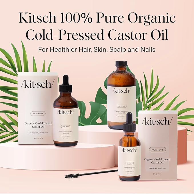 Kitsch Organic Castor Oil For Hair Growth, Castor Oil Organic Cold Pressed Unrefined Glass Bottle, 100% Pure, For Face, Skin, Lashes, Brows, Scalp, Nails & Belly Button, Hexane Free, USDA - 4oz