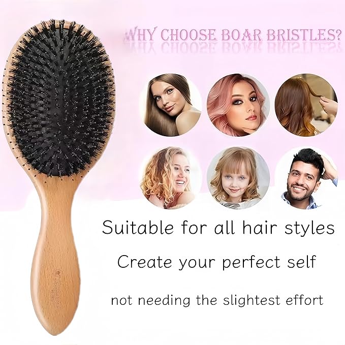 Paddle Hair Brush with Boar Bristles for All Hair Types, Professional Styling Brush for Men, Women (Brown)