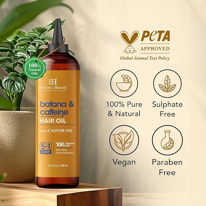 Botanic Hearth Caffeine & Batana Oil for Hair Growth Hair Oil (6.7 fl oz) | Revitalizing and Strengthening Hair Treatment for Fuller, Healthier-Looking Hair | Suitable for All Hair Types