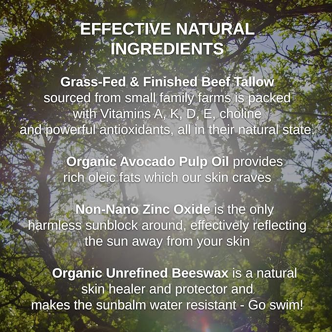 Zinc & Avocado Mineral SunBalm 30SPF, The Only Real Primal Sun Lotion, 100% Grass Fed Tallow, Avocado Oil and Non-Nano Zinc Oxide, Pregnancy and Nursing safe (4 Oz - Not Tinted)