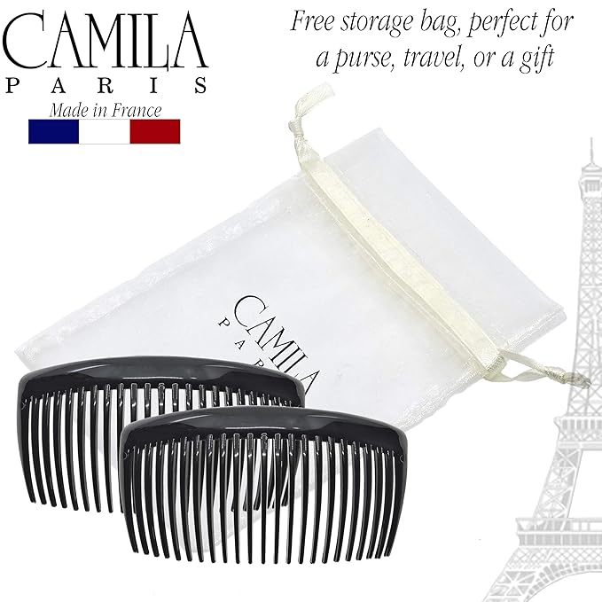 Camila Paris French Side Combs Large 4 Colors Each Curved French Twist Hair Combs Decorative, Strong Hold Hair Clips for Women Bun Chignon Up-Do, No Slip Styling Girls Hair Accessories, Made in France