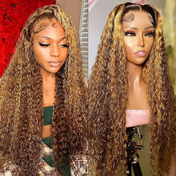 13x6 Highlight Deep Wave Lace Front Wigs Human Hair Ombre 4/27 HD Transparent Lace Frontal Wig Pre Plucked with Baby Hair Honey Blonde Curly Wig Human Hair for Black Women 22 Inch